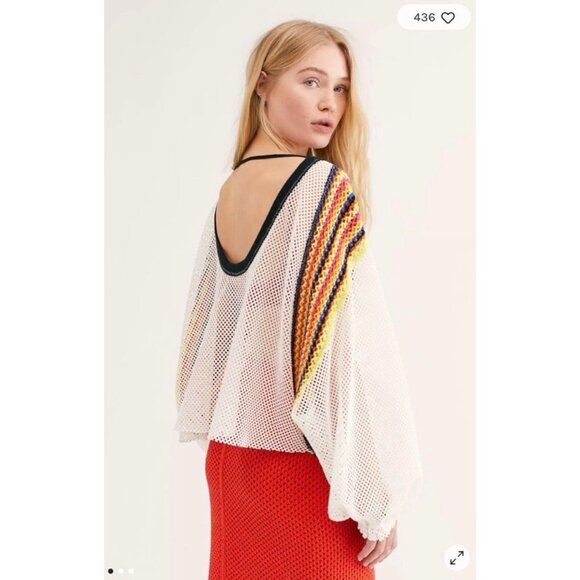 We The Free Mesh Crochet Knit Long Sleeve Top L White With Multicolor Stripes - Picture 2 of 11